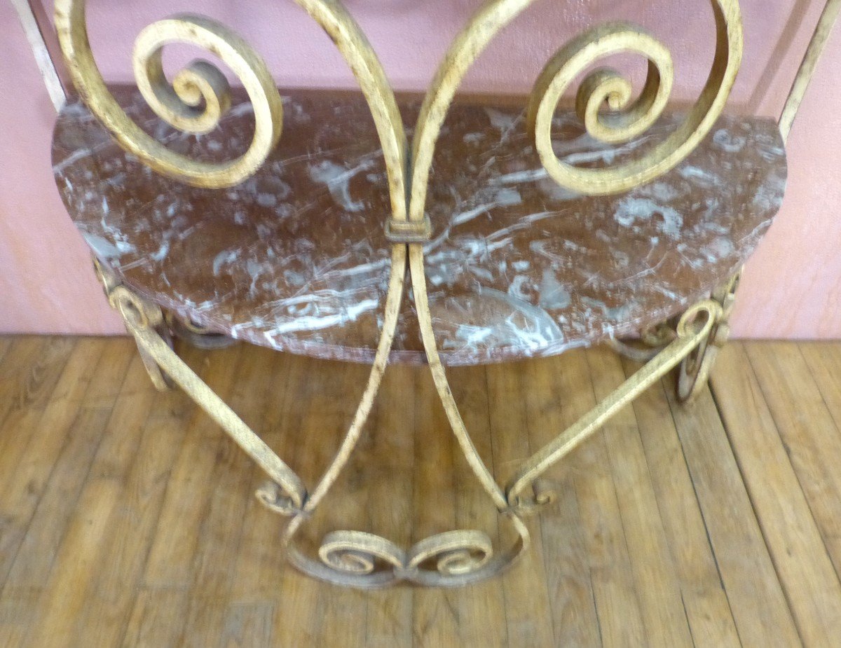 Art Deco Half Moon Console In Wrought Iron And Marble 2 Trays-photo-4