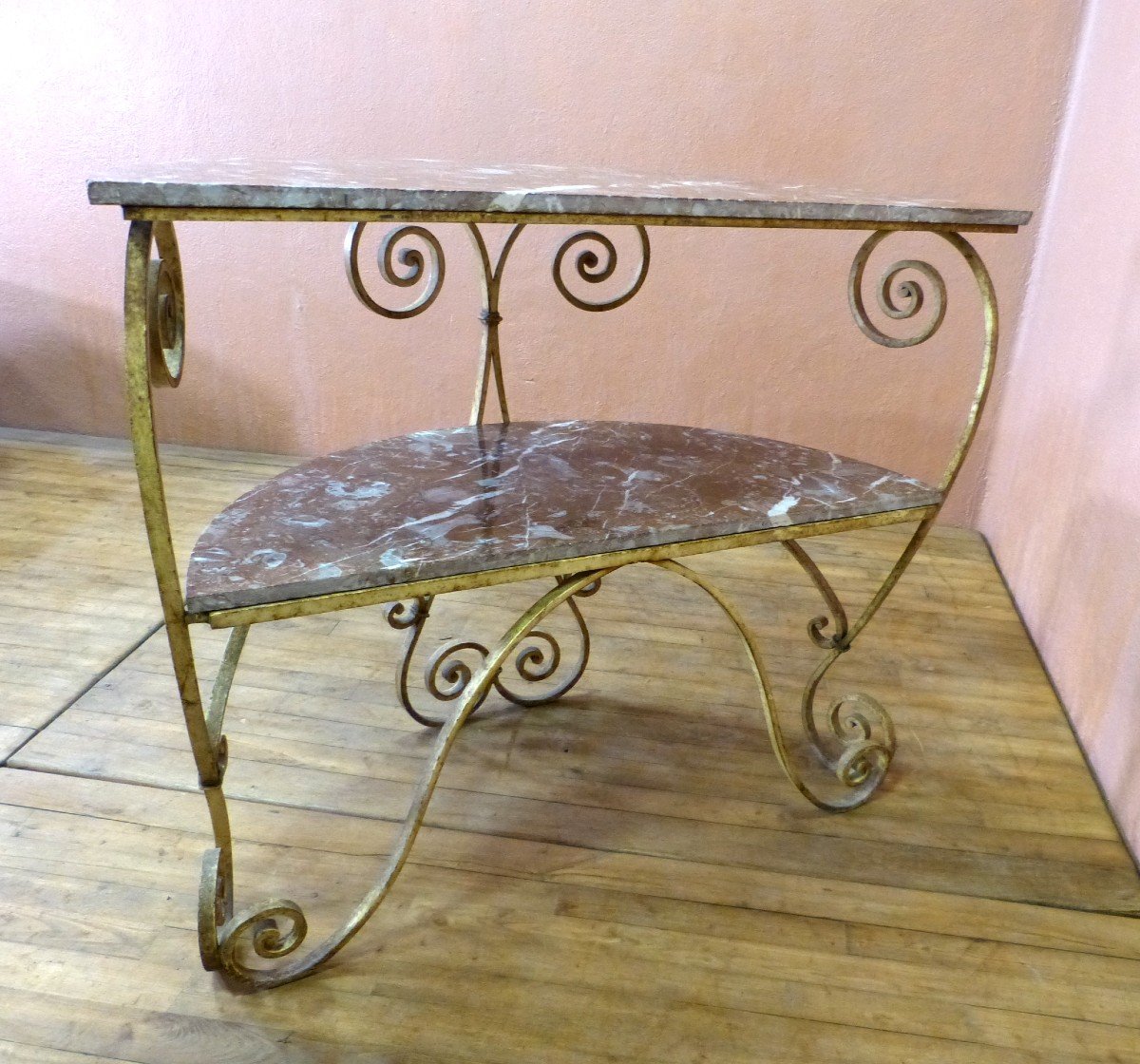 Art Deco Half Moon Console In Wrought Iron And Marble 2 Trays-photo-1