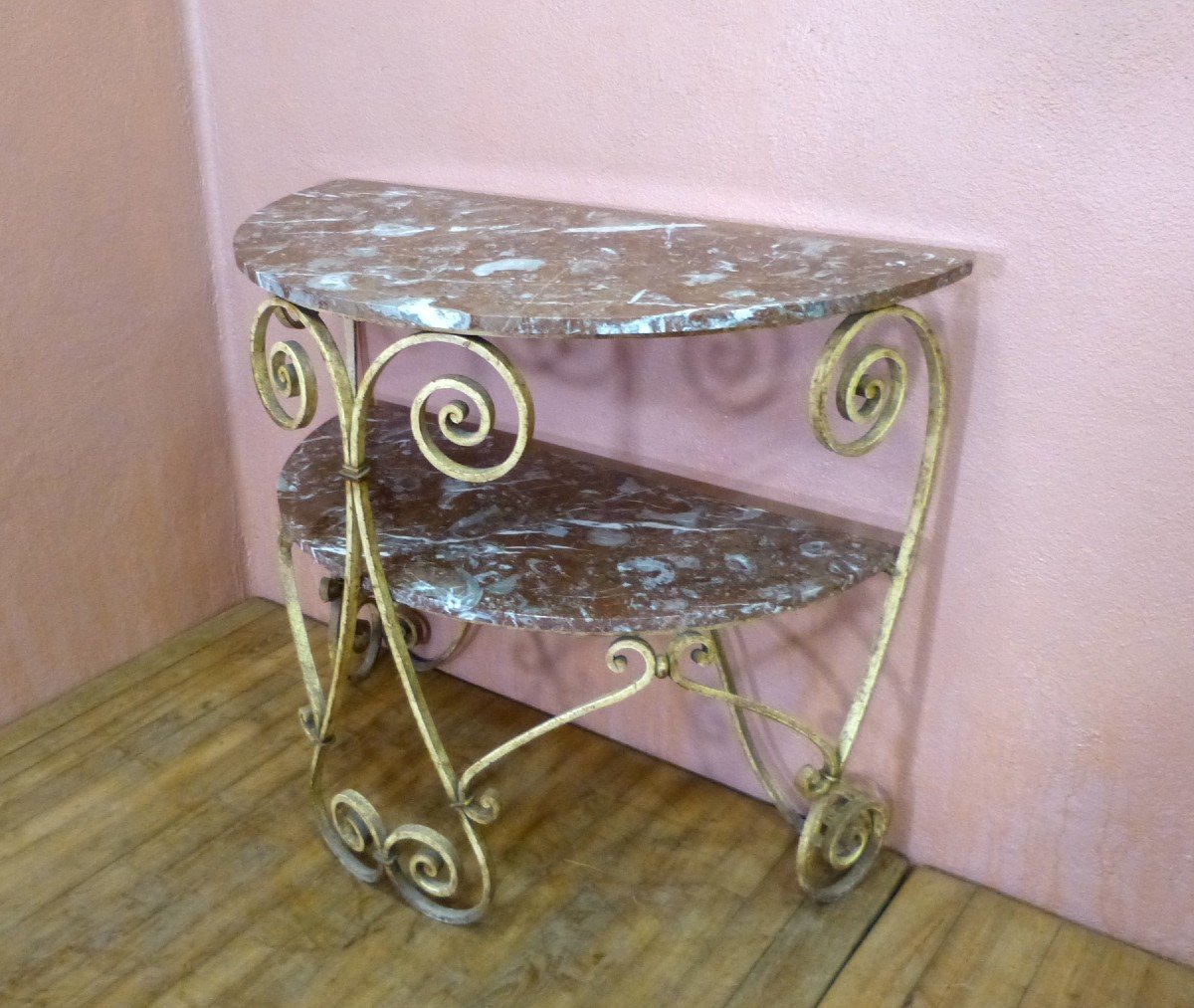 Art Deco Half Moon Console In Wrought Iron And Marble 2 Trays