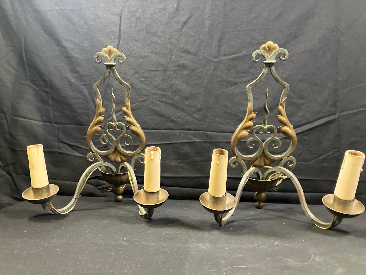 Pair Of Lacquered And Gilded Wrought Iron Sconces 1950s Neo-classical -photo-4