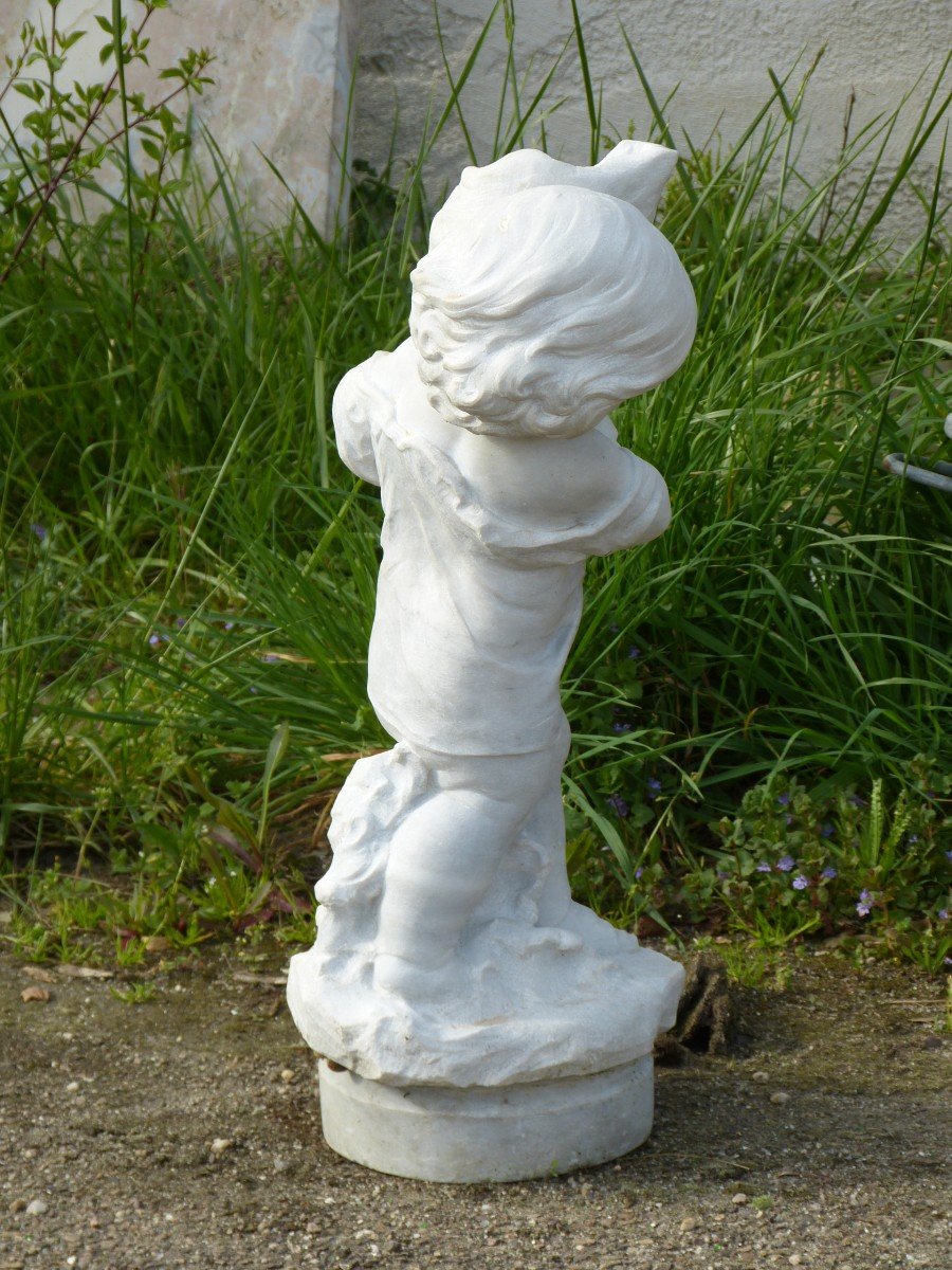 White Marble Statue 66 Cm Child With Conch Signed Pugi-photo-2