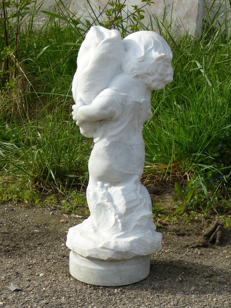 White Marble Statue 66 Cm Child With Conch Signed Pugi-photo-3