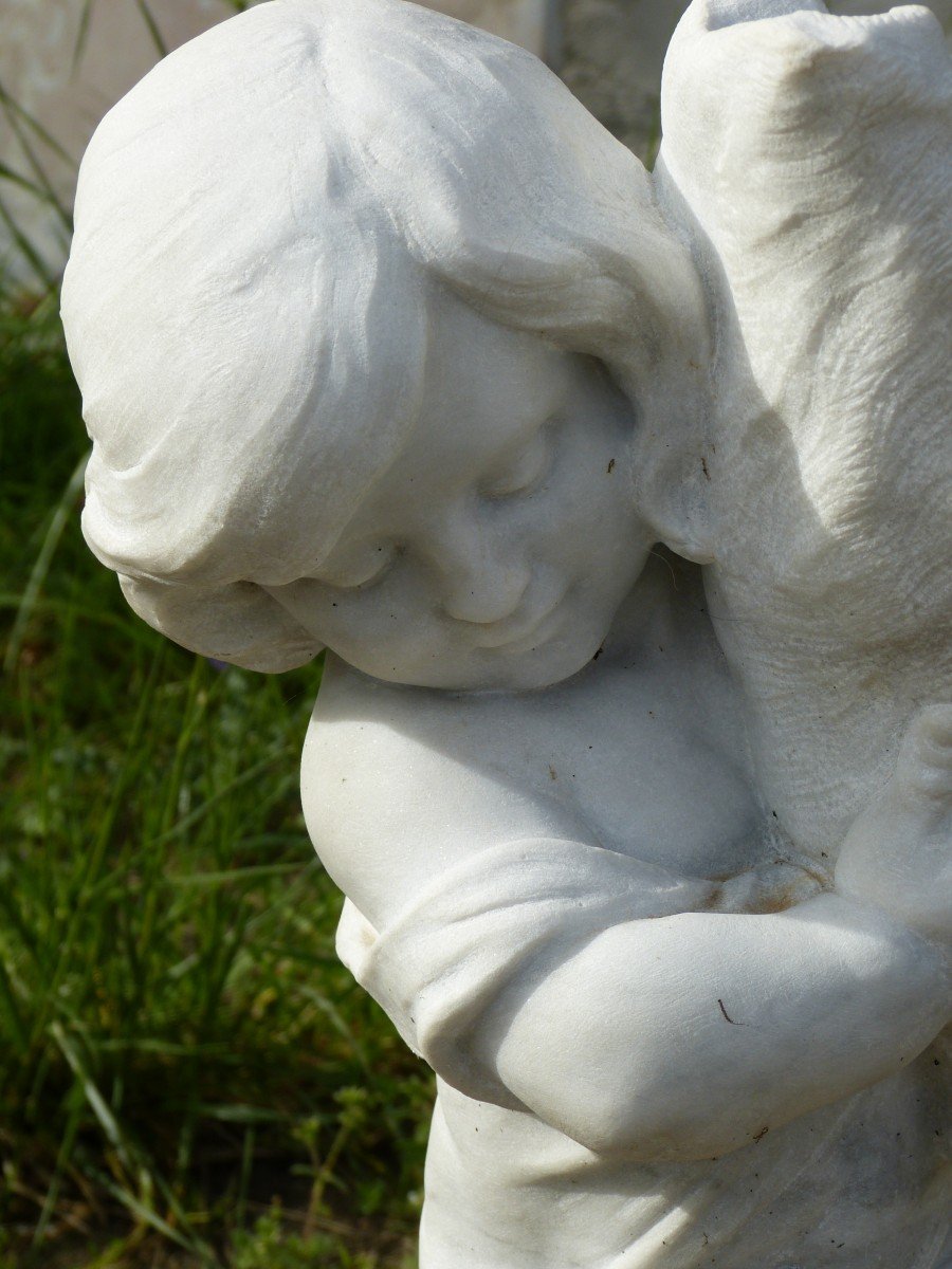 White Marble Statue 66 Cm Child With Conch Signed Pugi-photo-4