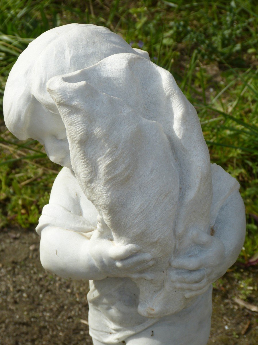 White Marble Statue 66 Cm Child With Conch Signed Pugi-photo-1