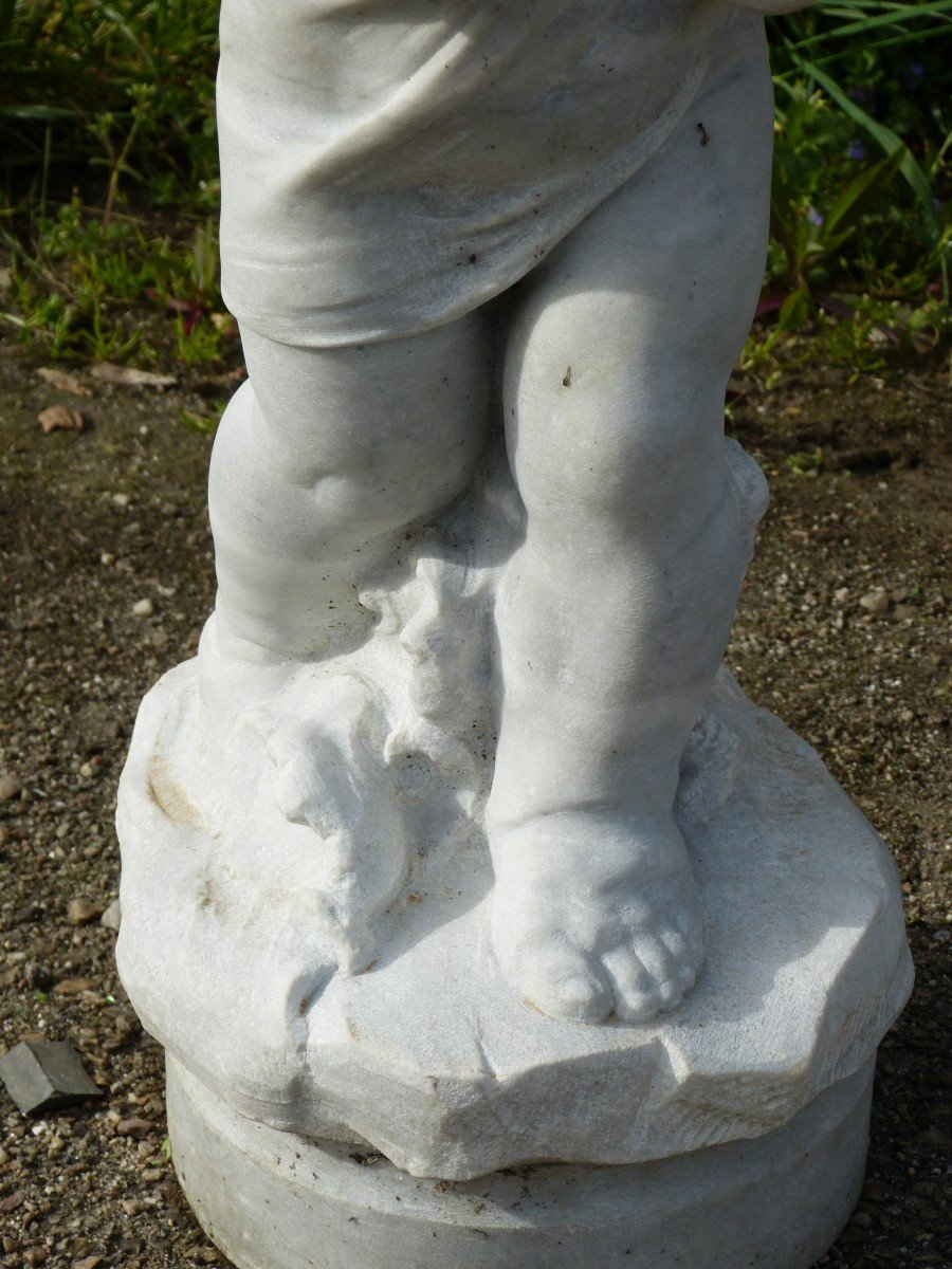 White Marble Statue 66 Cm Child With Conch Signed Pugi-photo-2