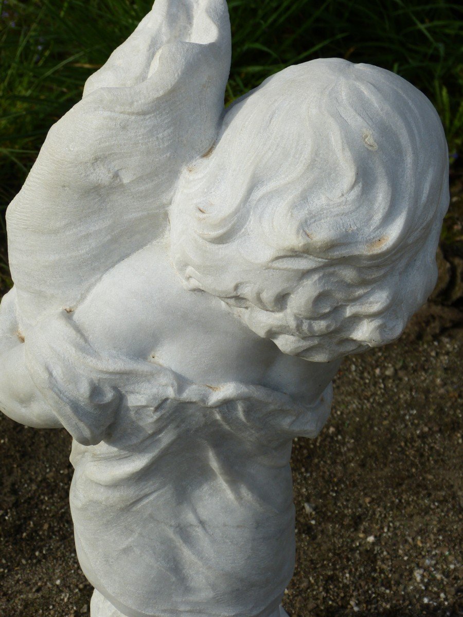 White Marble Statue 66 Cm Child With Conch Signed Pugi-photo-4