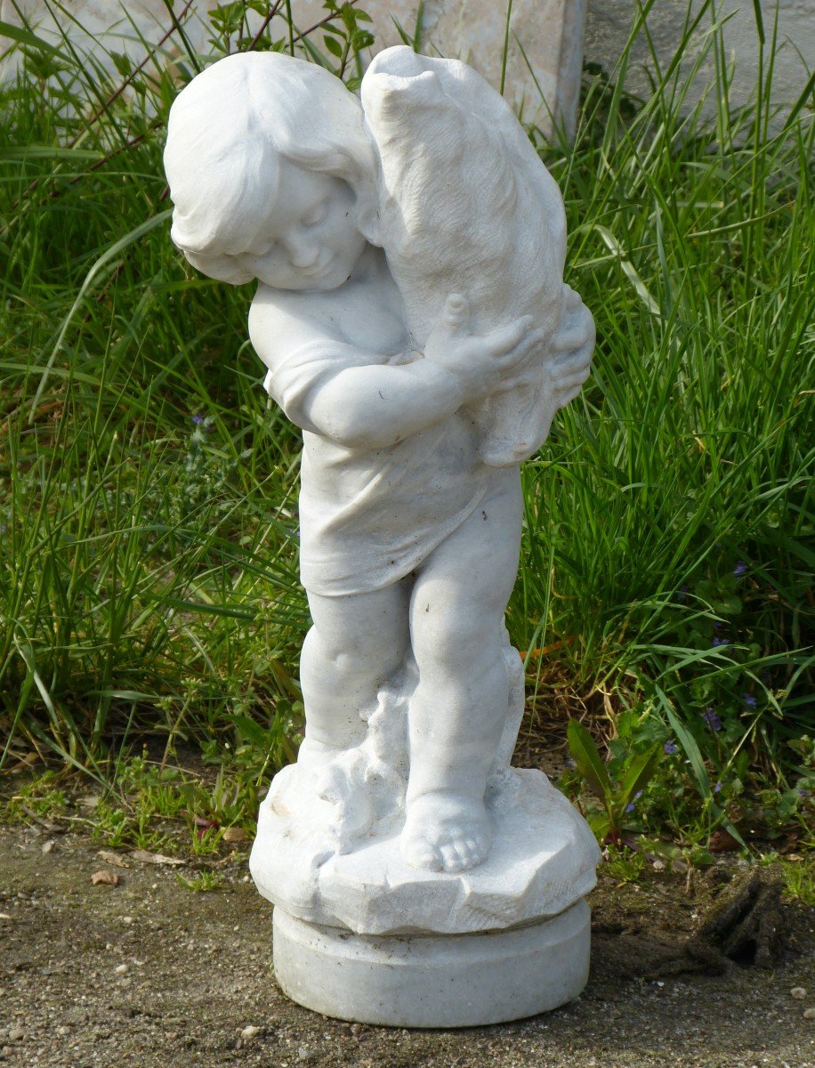 White Marble Statue 66 Cm Child With Conch Signed Pugi