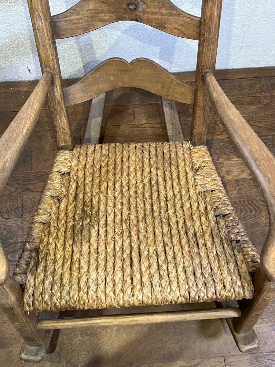 Rocking Chair En Bois Brut Paille Tressée Brutaliste-photo-1