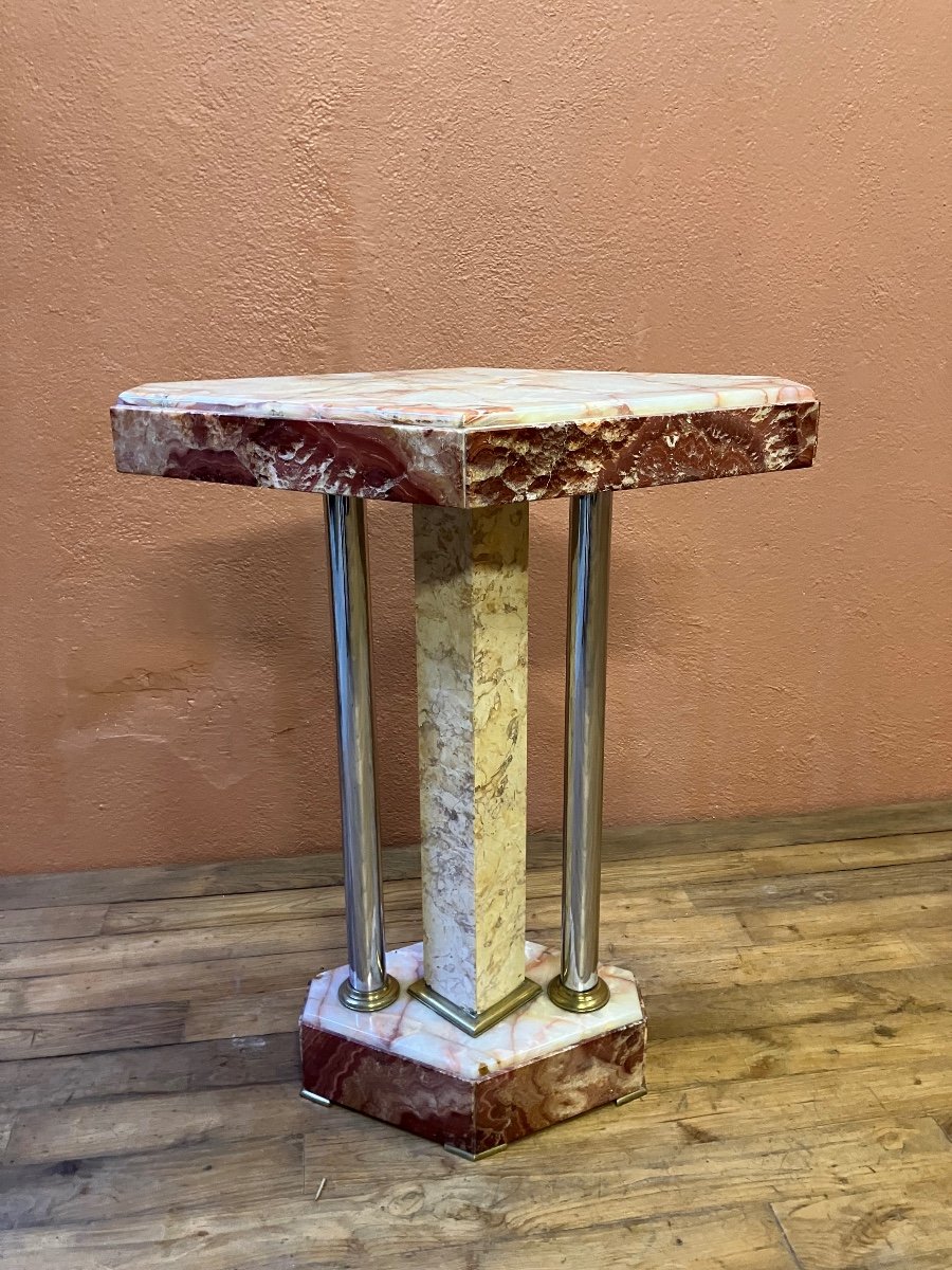 Art Deco Selette In Marble Pedestal Console Chrome Feet -photo-2