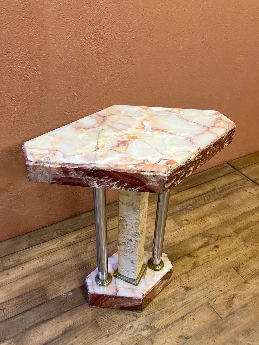 Art Deco Selette In Marble Pedestal Console Chrome Feet -photo-3