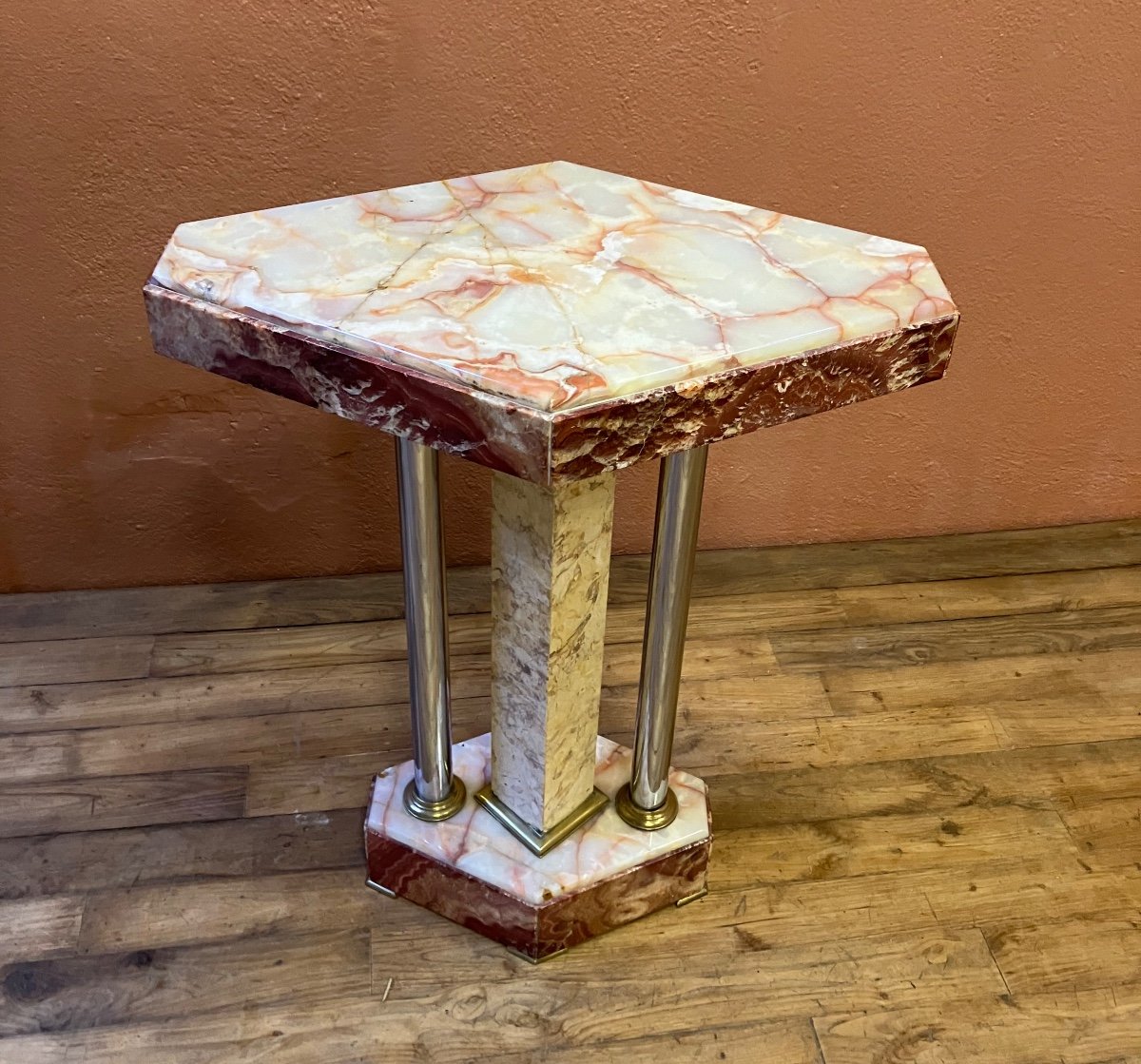 Art Deco Selette In Marble Pedestal Console Chrome Feet 