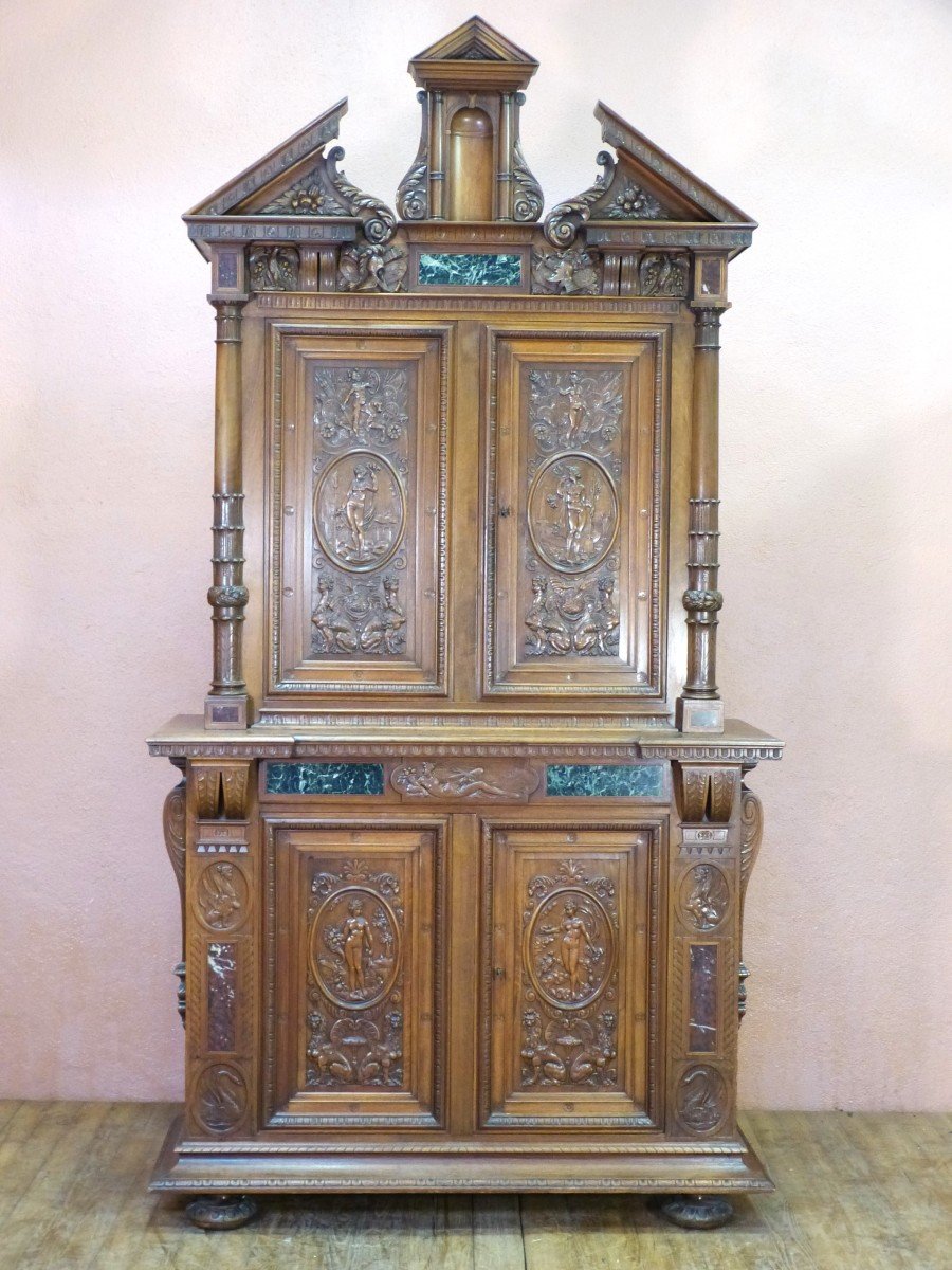 Renaissance Style Walnut Buffet With Red And Green Marble Inlays 19th