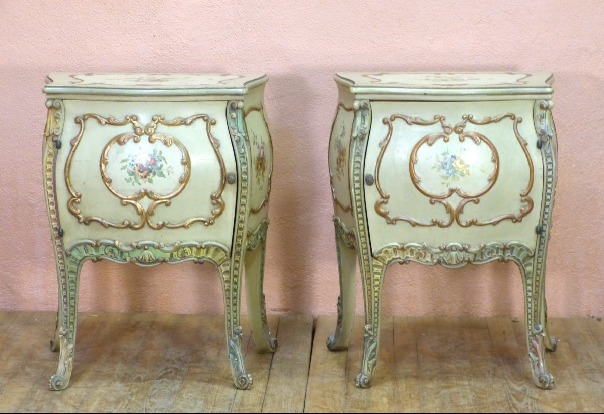 Pair Of Important Louis XV Style Lacquered Wood Bedside Tables Flower Decor Sofa End-photo-2