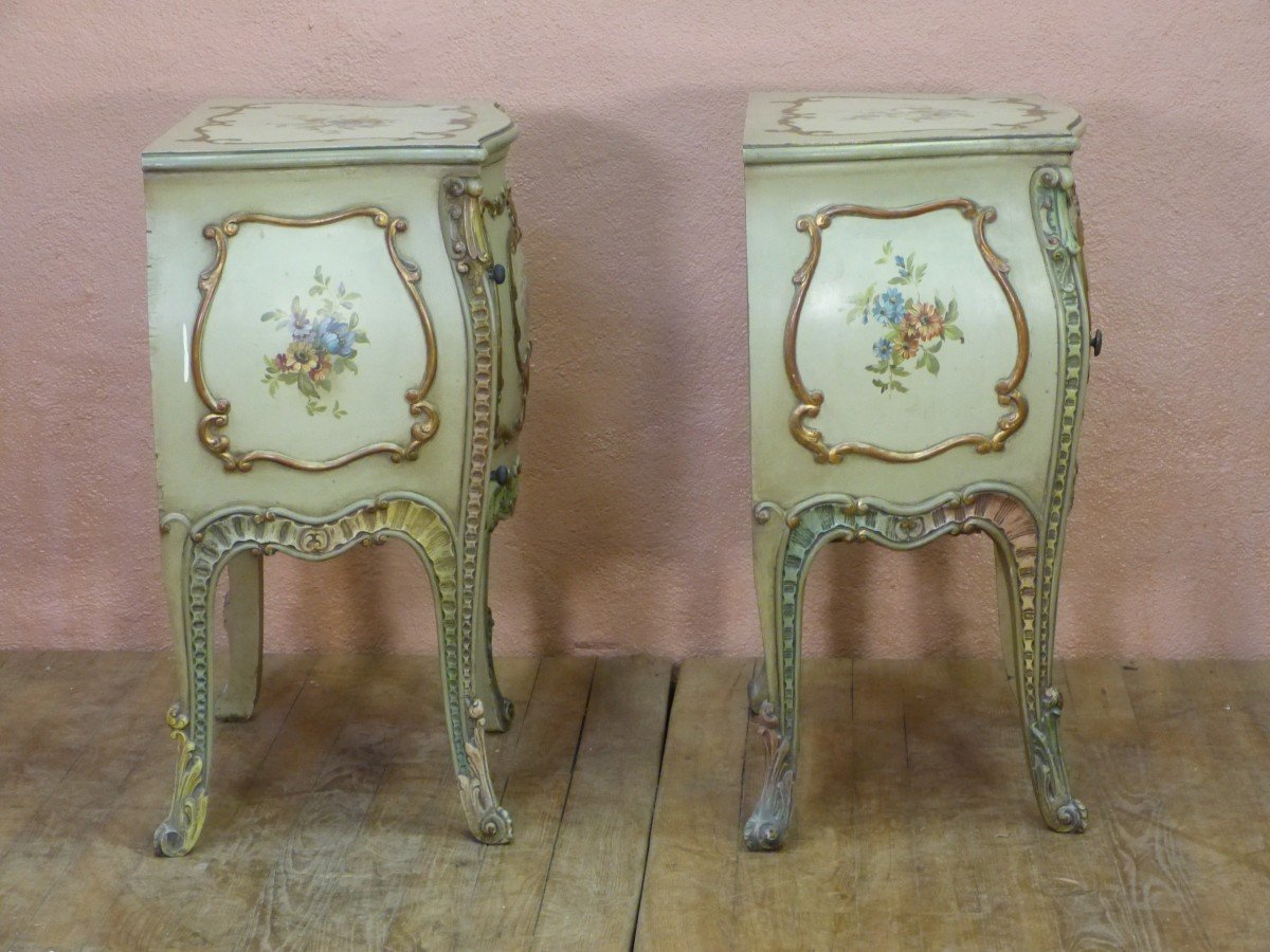 Pair Of Important Louis XV Style Lacquered Wood Bedside Tables Flower Decor Sofa End-photo-3