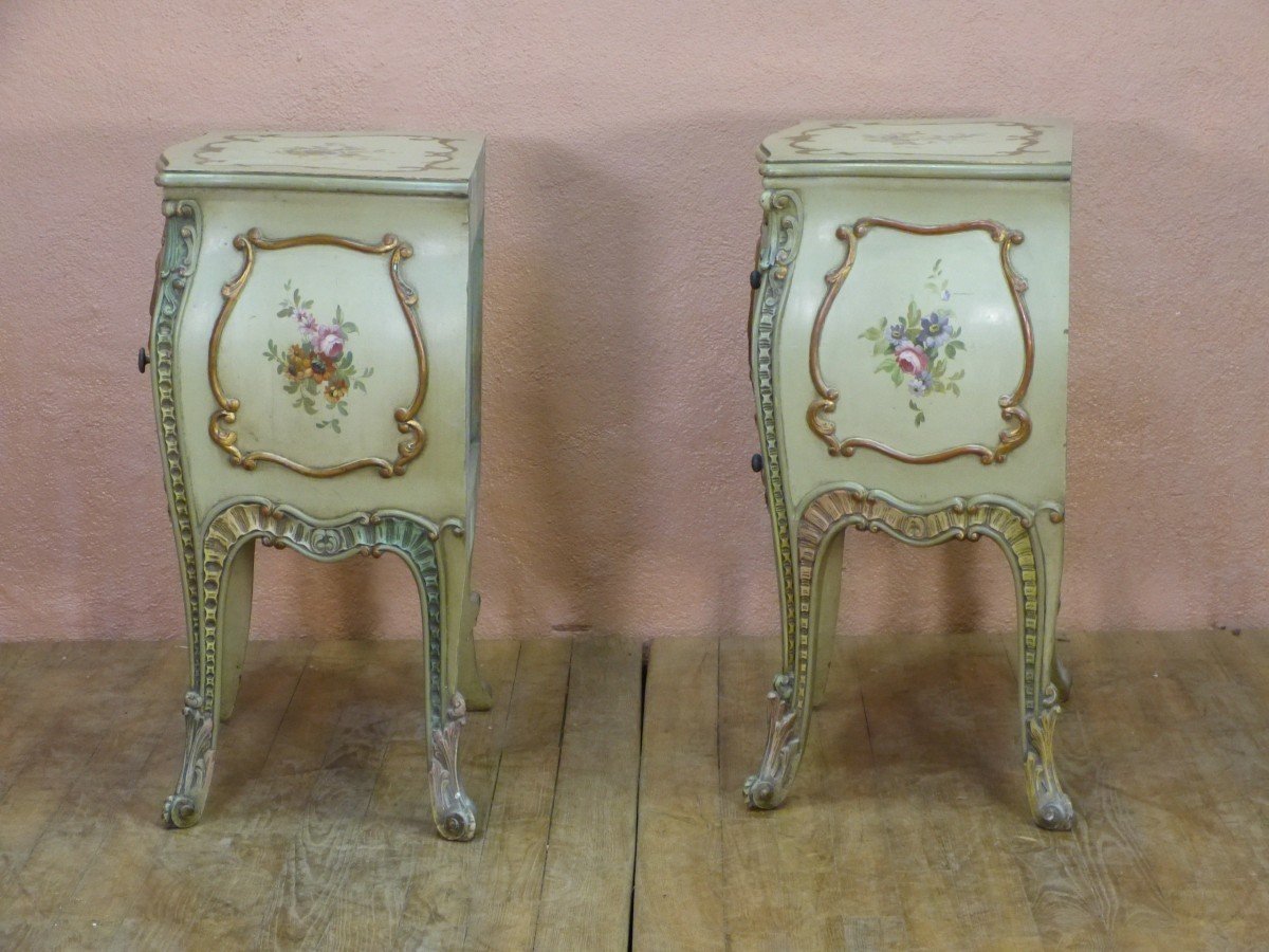 Pair Of Important Louis XV Style Lacquered Wood Bedside Tables Flower Decor Sofa End-photo-1