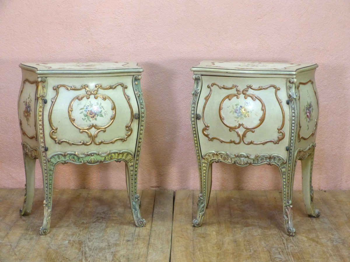 Pair Of Important Louis XV Style Lacquered Wood Bedside Tables Flower Decor Sofa End