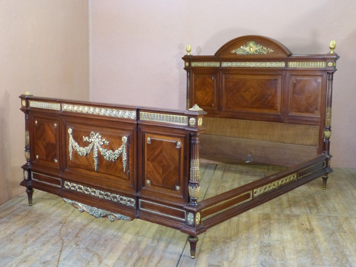 Large Louis XVI Bed In Mahogany Gilded Bronzes Napoleon III Width 150 Cm Interior