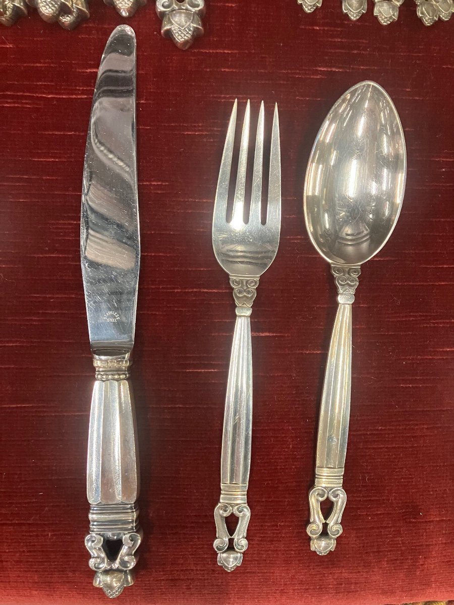 Georg Jensen Denmark Acorn Cutlery Set Silver 54 Pieces -photo-4