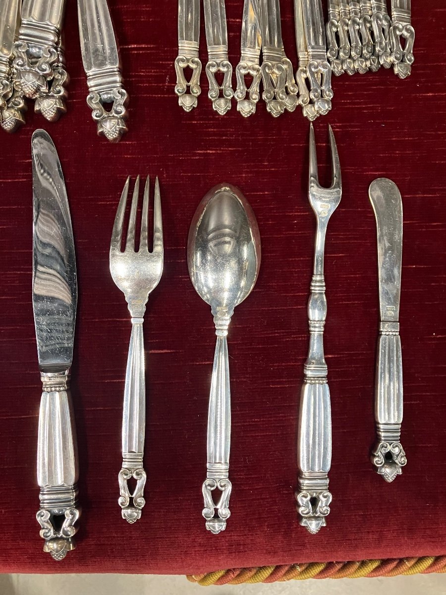 Georg Jensen Denmark Acorn Cutlery Set Silver 54 Pieces -photo-5