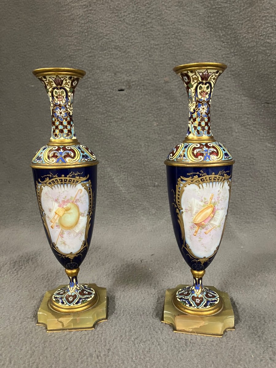 Pair Of Sèvres Porcelain And Cloisonné Enamel Vases Napoleon III Gilt Bronze Putti Decor -photo-2