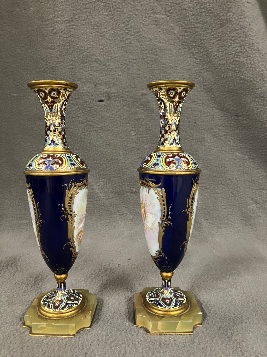 Pair Of Sèvres Porcelain And Cloisonné Enamel Vases Napoleon III Gilt Bronze Putti Decor -photo-3