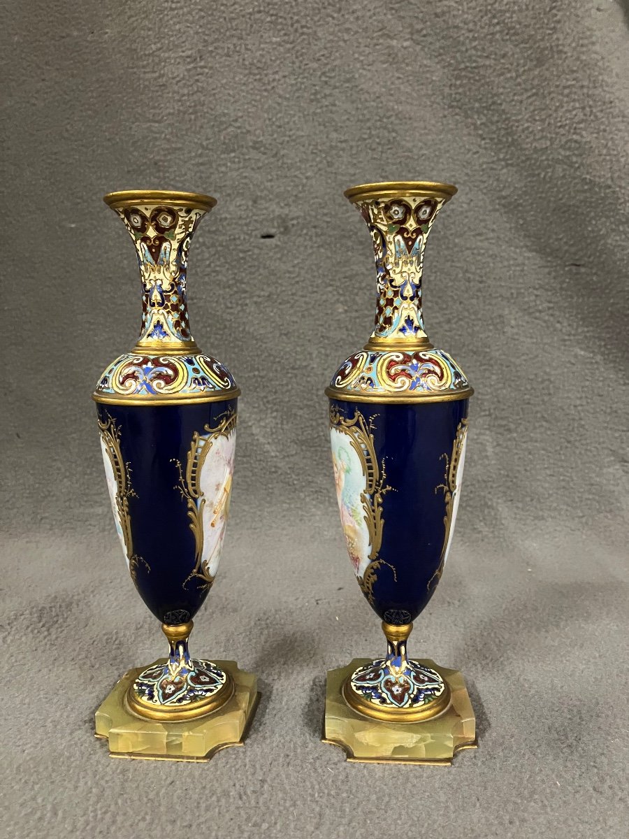 Pair Of Sèvres Porcelain And Cloisonné Enamel Vases Napoleon III Gilt Bronze Putti Decor -photo-4