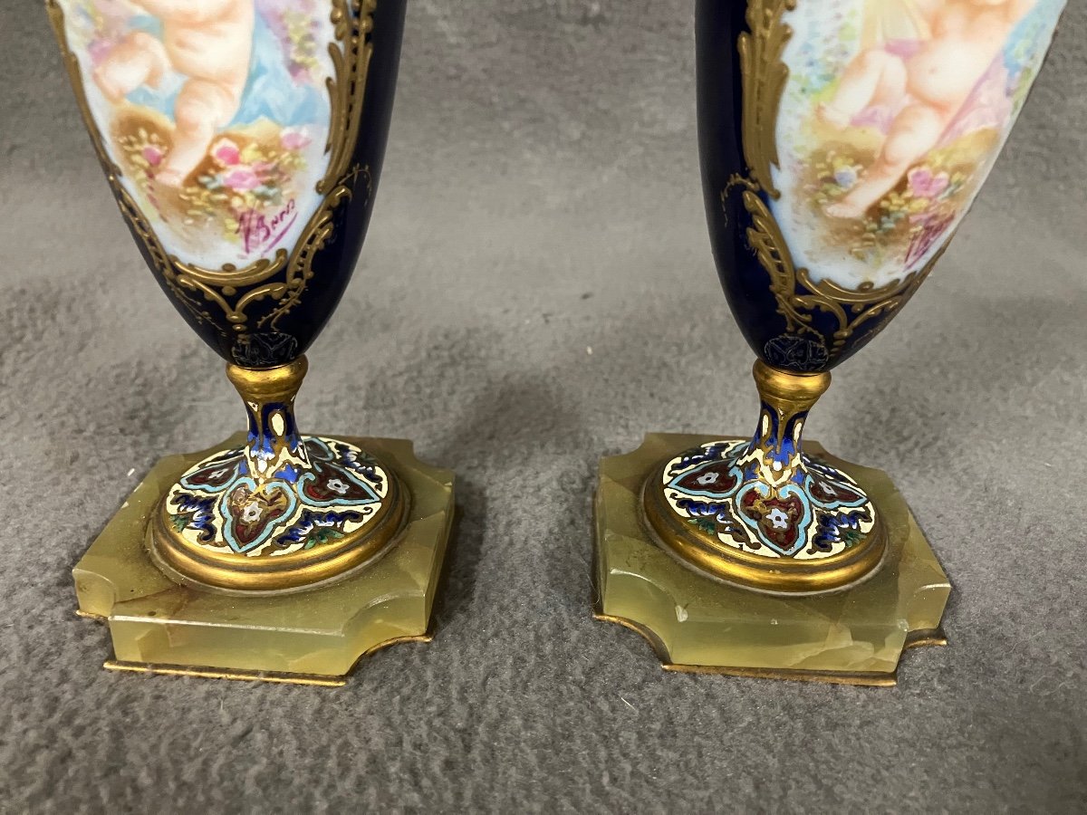 Pair Of Sèvres Porcelain And Cloisonné Enamel Vases Napoleon III Gilt Bronze Putti Decor -photo-2