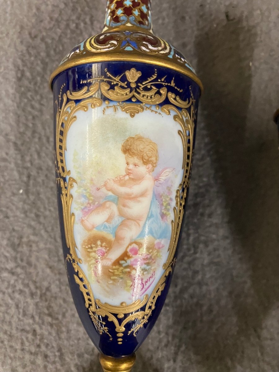 Pair Of Sèvres Porcelain And Cloisonné Enamel Vases Napoleon III Gilt Bronze Putti Decor -photo-4