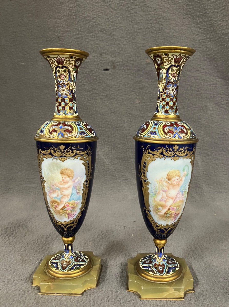 Pair Of Sèvres Porcelain And Cloisonné Enamel Vases Napoleon III Gilt Bronze Putti Decor 