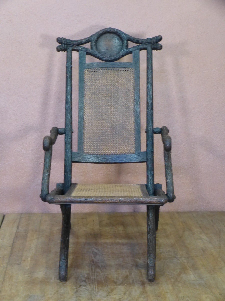 Foldable Armchair From The Black Forest Trompe l'Oeil From Tree Branches And Canage 19th-photo-2