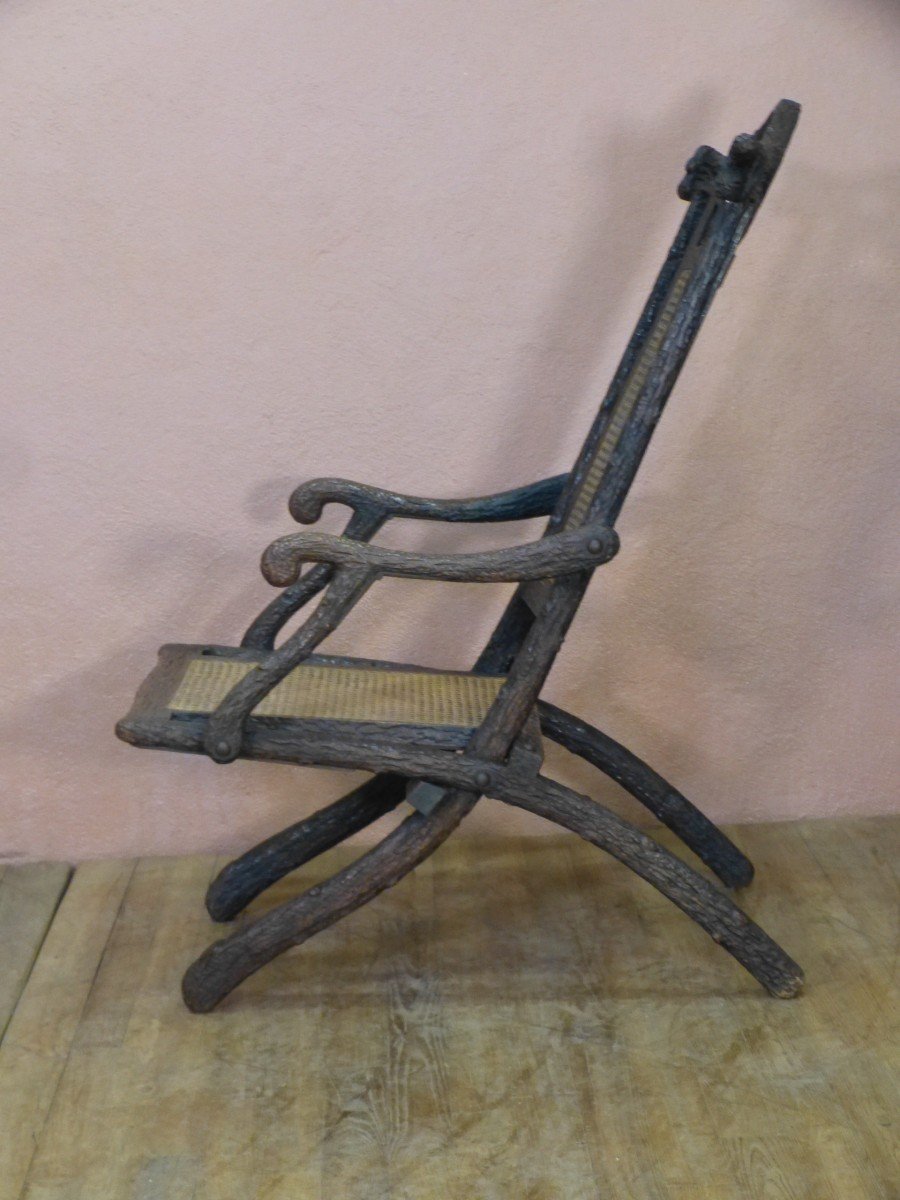 Fauteuil Pliable De Le Forêt Noire Trompe l'œil De Branches d'Arbre Et Canage 19ème-photo-3