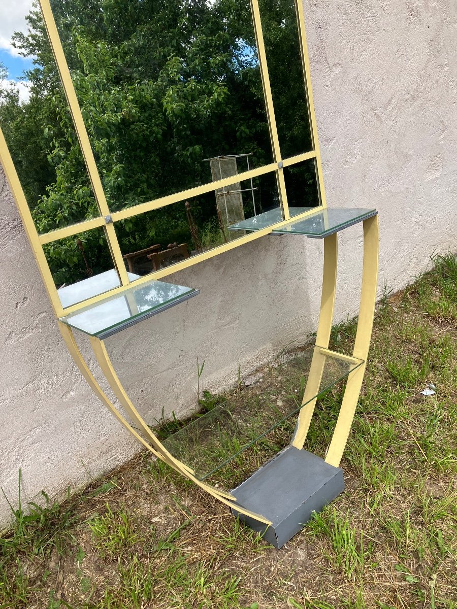 Console Avec Miroir Moderniste En Métal Et Verre époque XXème Siècle-photo-1