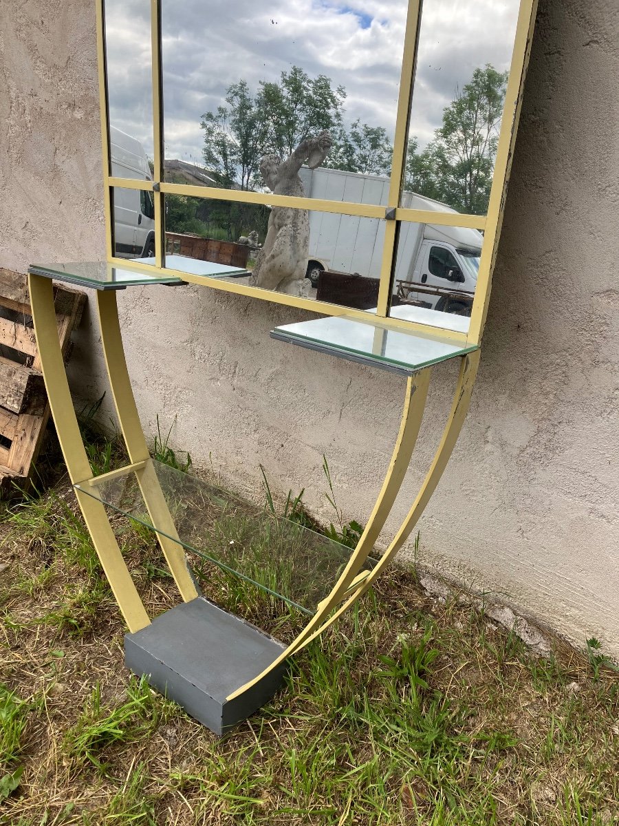 Console Avec Miroir Moderniste En Métal Et Verre époque XXème Siècle-photo-4