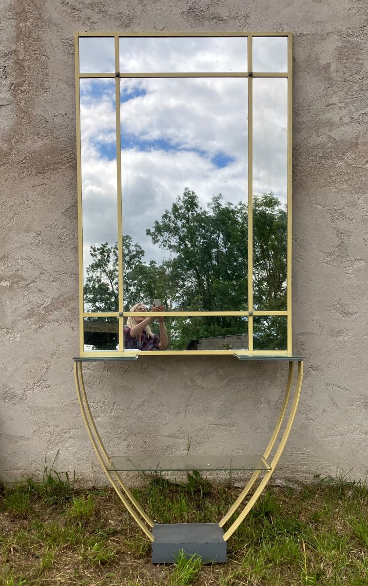 Console Avec Miroir Moderniste En Métal Et Verre époque XXème Siècle-photo-5