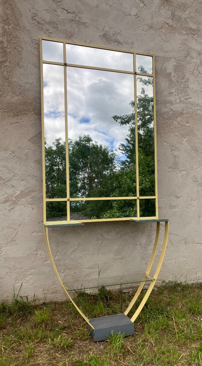 Console Avec Miroir Moderniste En Métal Et Verre époque XXème Siècle