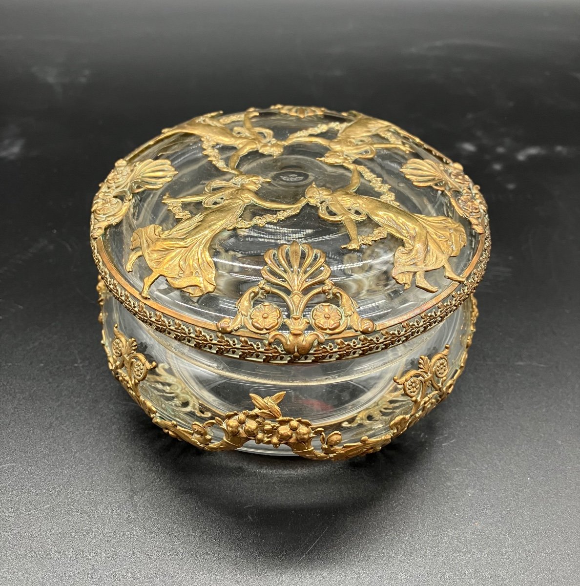 Bonbonnière De Style Empire En Verre Et Décor Laiton Doré 