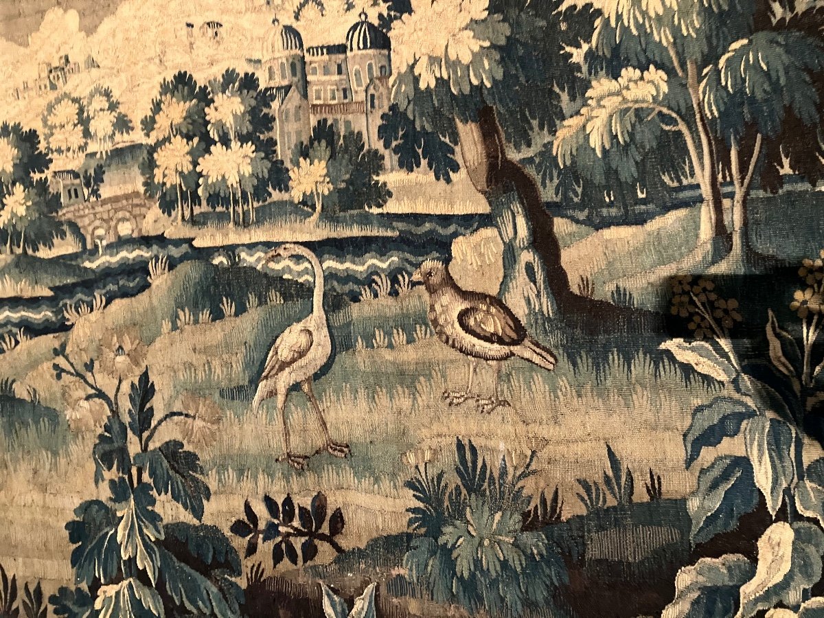 Très Grande Tapisserie Aubusson 18 Eme Château Volatiles paysage Verdure 480 X 275 Cm-photo-2