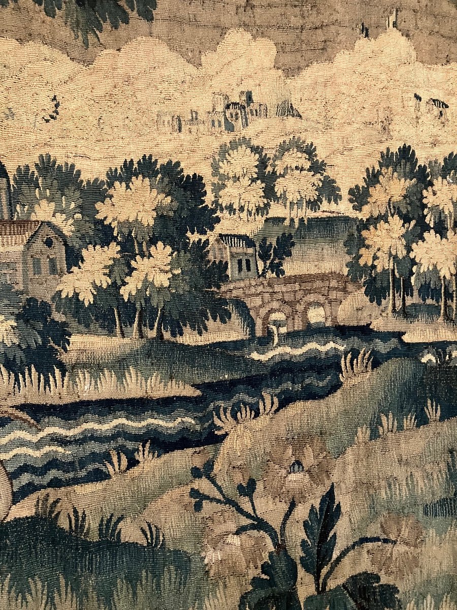 Très Grande Tapisserie Aubusson 18 Eme Château Volatiles paysage Verdure 480 X 275 Cm-photo-3