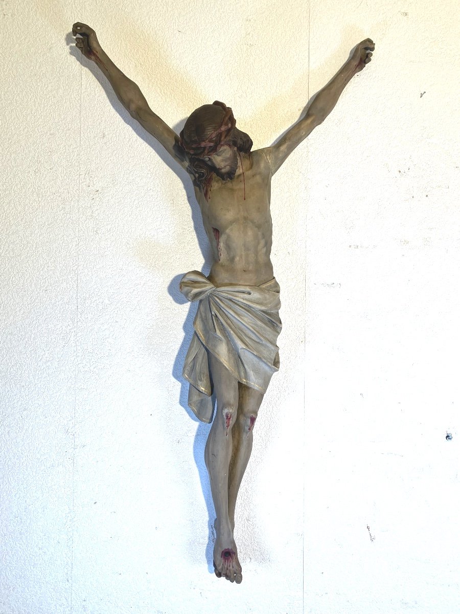 Très Grand Christ, En Bois Sculpté, Polychrome époque 19e, 128 Cm-photo-2