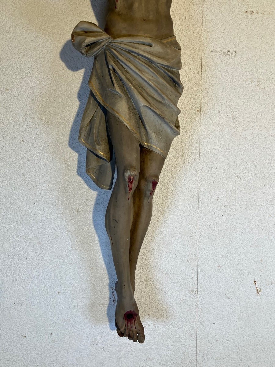 Très Grand Christ, En Bois Sculpté, Polychrome époque 19e, 128 Cm-photo-3