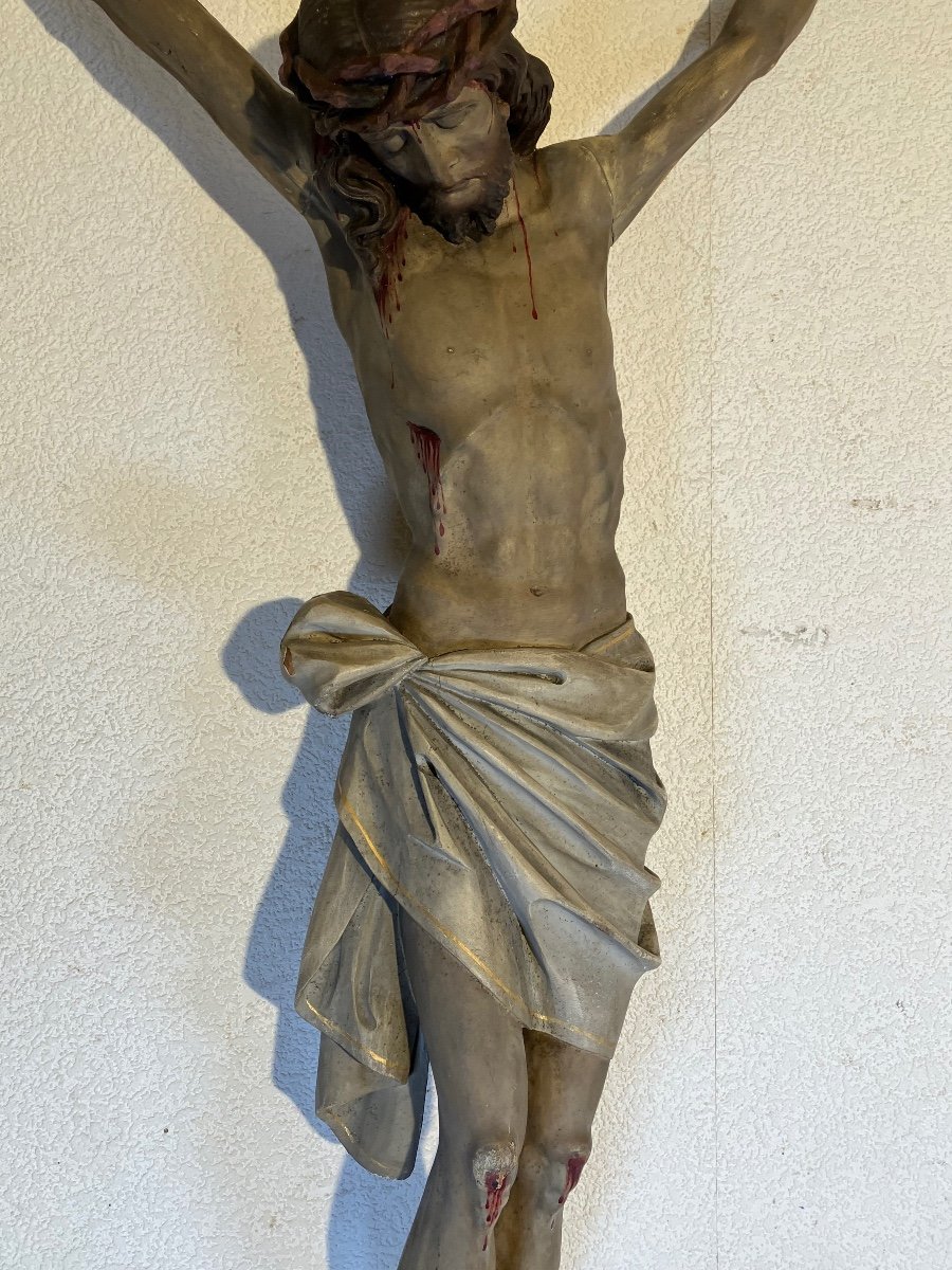 Très Grand Christ, En Bois Sculpté, Polychrome époque 19e, 128 Cm-photo-4