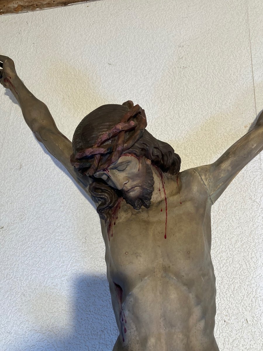 Très Grand Christ, En Bois Sculpté, Polychrome époque 19e, 128 Cm-photo-1