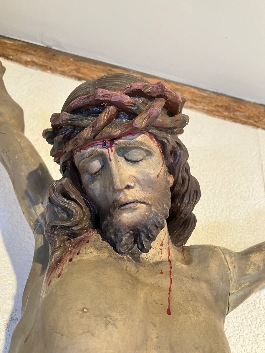 Très Grand Christ, En Bois Sculpté, Polychrome époque 19e, 128 Cm