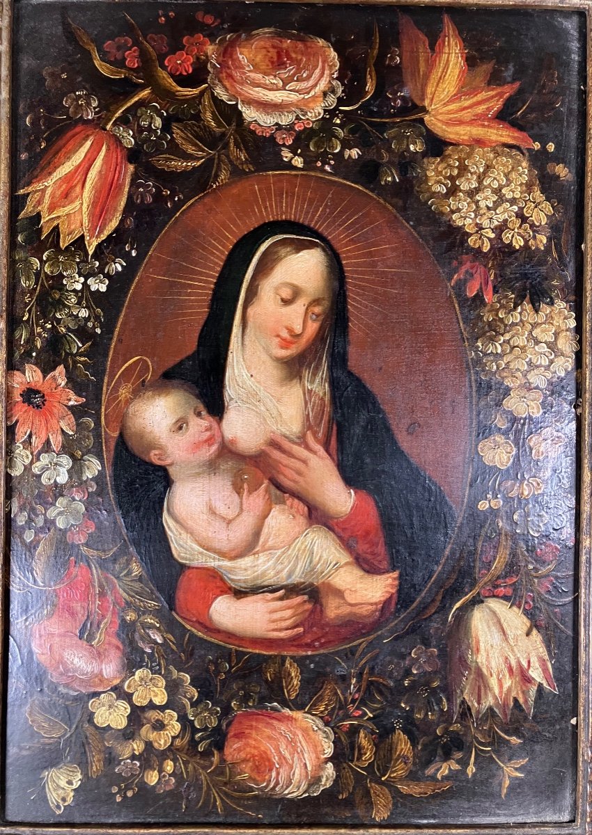 Vierge à L’enfant Dans Une Guirlande De Fleurs école Anvers 17 Eme -photo-7