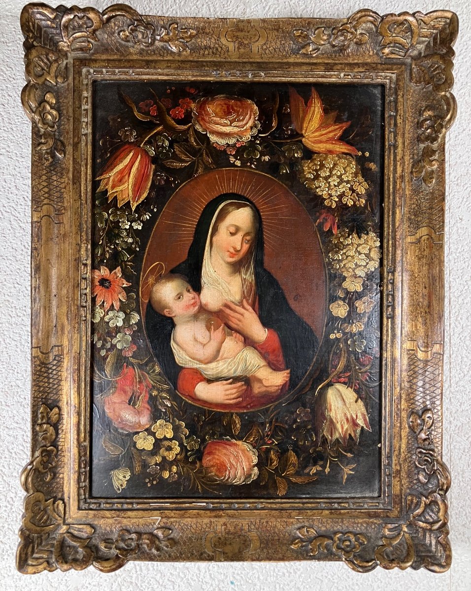 Vierge à L’enfant Dans Une Guirlande De Fleurs école Anvers 17 Eme 