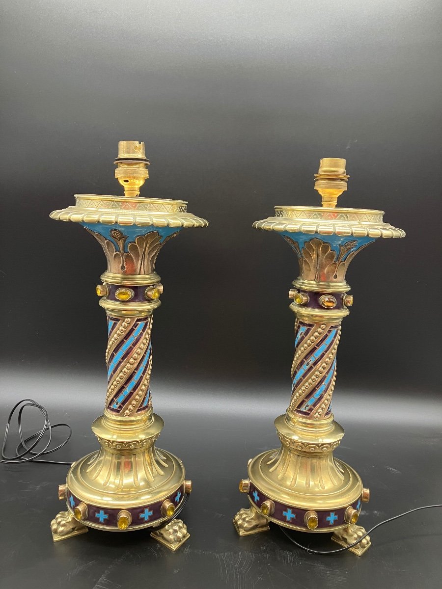 Pair Of Neo-gothic Lamps By Chertier Goldsmith In Paris Enamel Bronze And Cabochons -photo-1