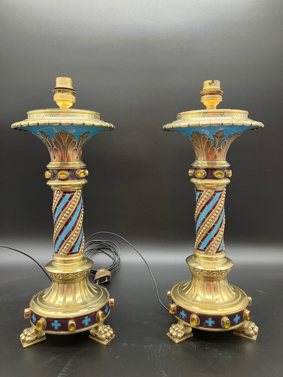 Pair Of Neo-gothic Lamps By Chertier Goldsmith In Paris Enamel Bronze And Cabochons -photo-2