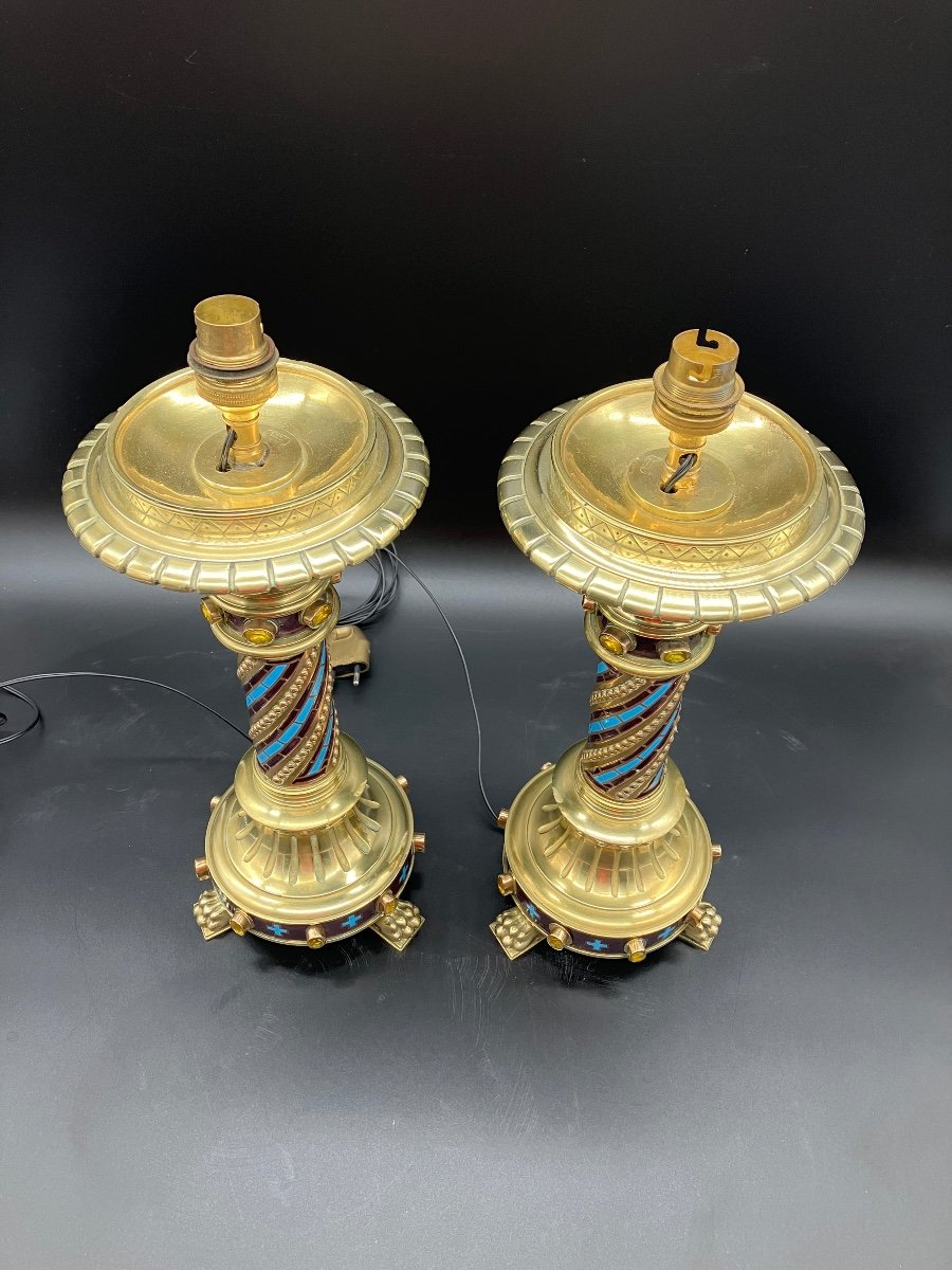 Pair Of Neo-gothic Lamps By Chertier Goldsmith In Paris Enamel Bronze And Cabochons -photo-4