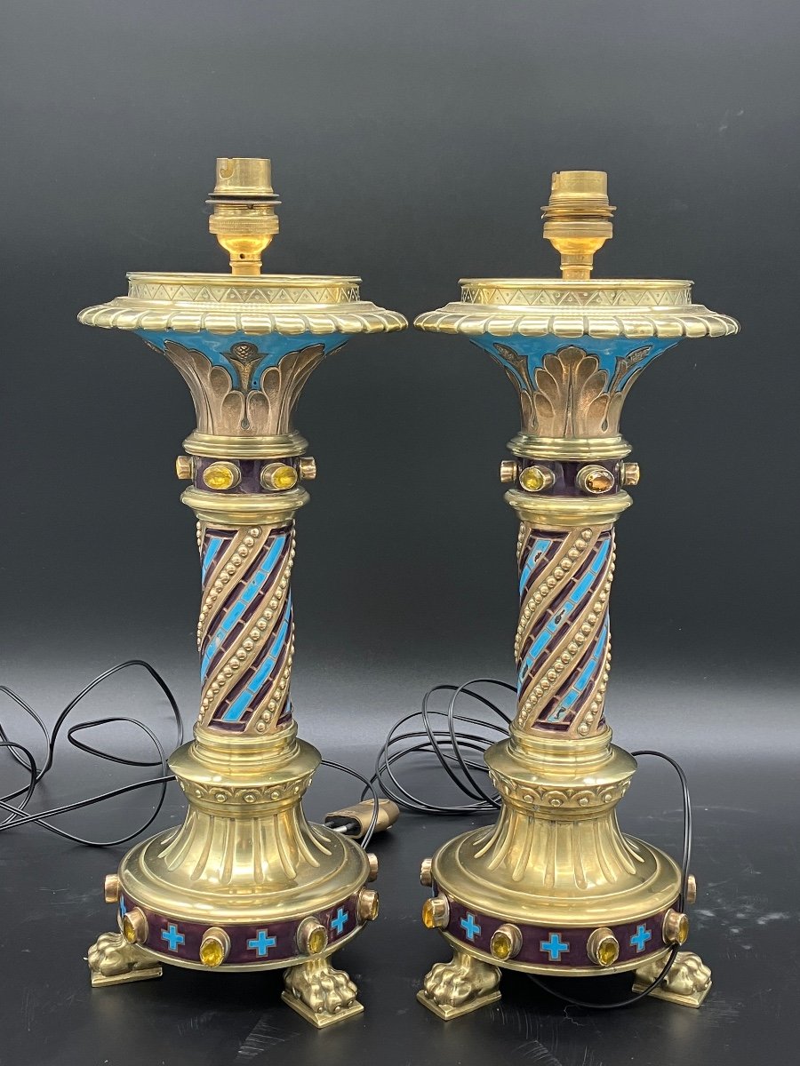 Pair Of Neo-gothic Lamps By Chertier Goldsmith In Paris Enamel Bronze And Cabochons 