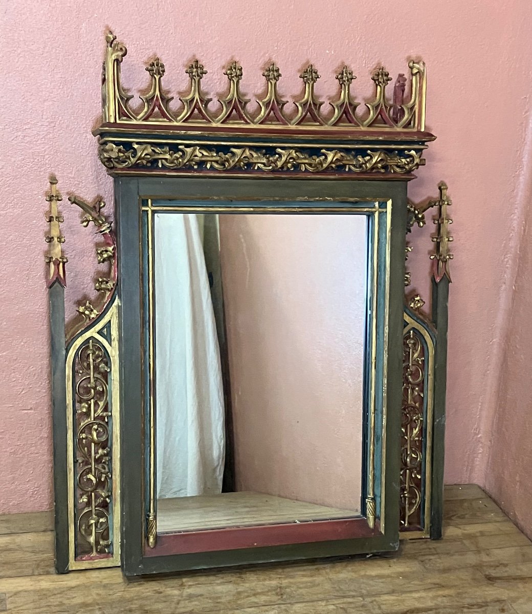 Gothic Style Mirror In Polychrome Wood 124 X 100 Cm